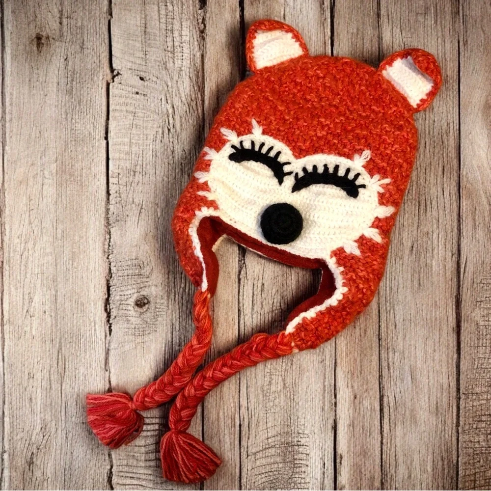 Andes Fair Trade Knit Beanie Hat Red Fox Tassels Alpaca Blend Peru Kids Adult S